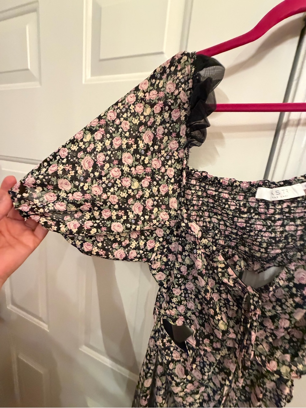 Astr Black Floral Cutout Ruched Dress with Pink Flowers - Picture 2 of 6